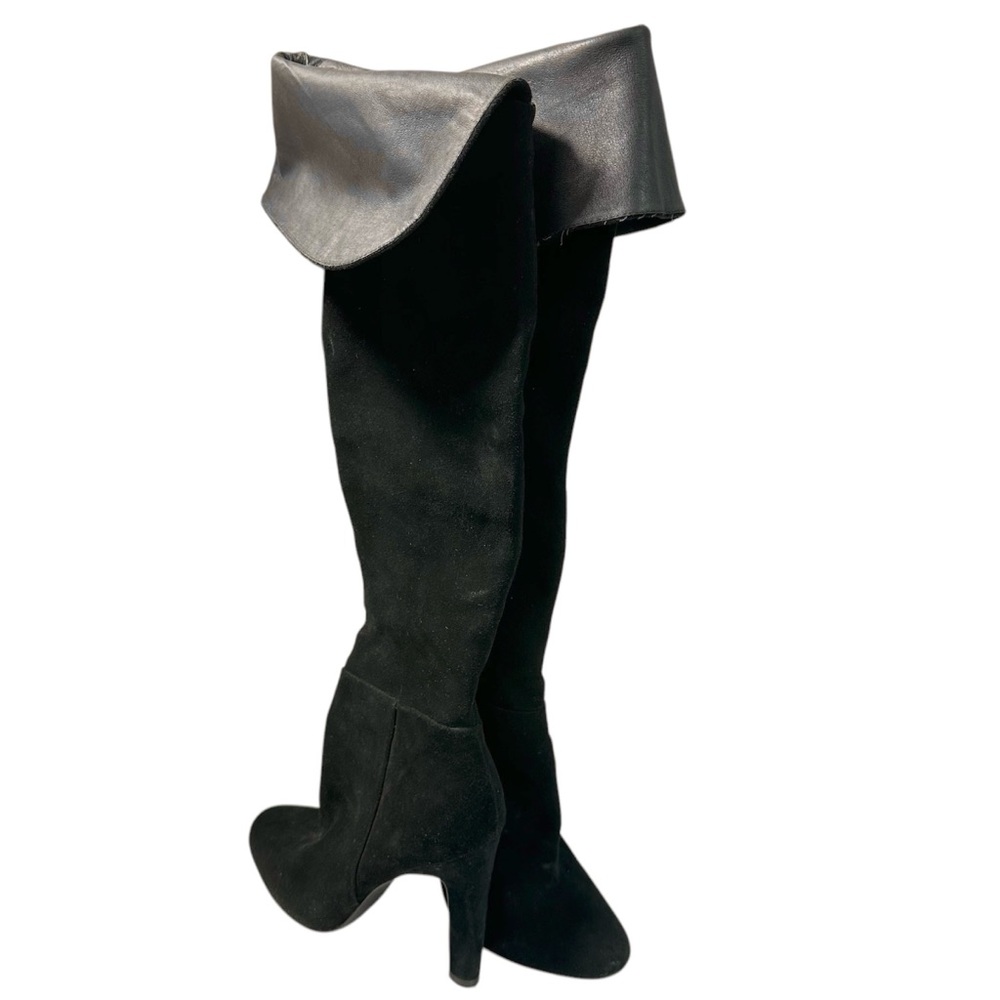 Joie Bentlee Genuine Suede Leather Heel Over The Knee Boots Sz 7 Black Retro - Picture 5 of 16